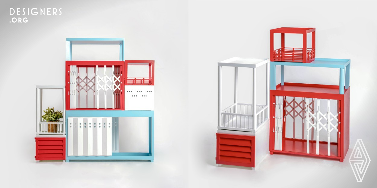 Tenemnet H are experimental project exploring new possibilities of Bangkok through designs. It is a modular cubby storage system that reflects the exhibition's domestic theme. Inspired by the multifaceted facades of Bangkok shophouses, Tenement H features customizable barriers that range from scissor gates to accordion doors, shutters, and railings. Constructed from aluminum, Tenement H is modular and versatile by design, allowing access to the storage units from all sides and multifunctional as a semi partition for your room as well.