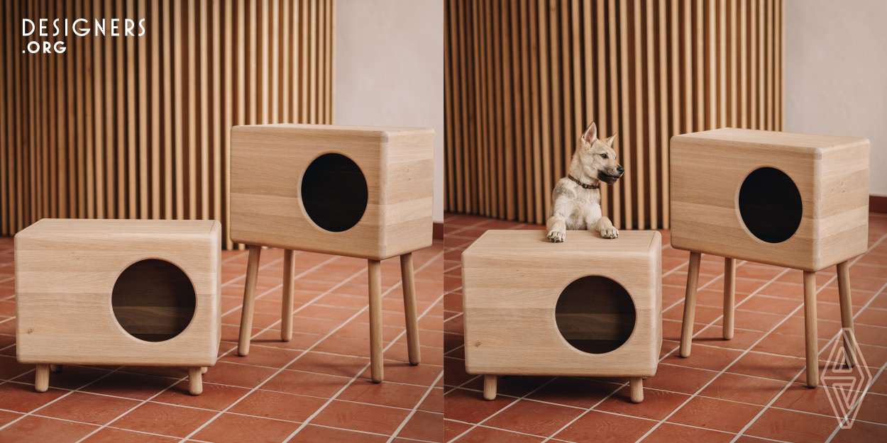 The Buddy menagerie was created as an indoor place for a cat, later turned into a dwelling for smaller dogs. The intention was to create a new furniture element that will bring pet owners an aesthetic experience and improve their interior. The solid wood solution is a conservative form of furniture for animals, which is usually playful, informal and does not correspond to other equipment. Buddy is furniture focused on the intimate space of pets and at the same time an adult solution for home furnishings. 