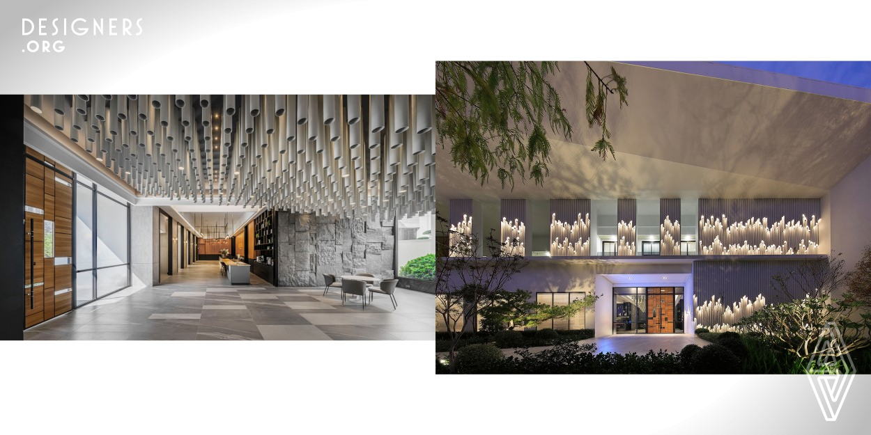 Under the designer's ingenious planning, this project creates a large ship carrying nature in the gloomy concrete jungle. A large number of organic materials are blended in the natural stone to make the open and bright space lively. The facade of the building is inlaid with rows of upright pipes, like a solemn pipe organ in the cathedral, welcoming all the guests and playing the natural flow of its own. When the night falls, soft light pours out from the building, illuminating the field, and for the lost travelers in the city, illuminating a path leading them back to nature.