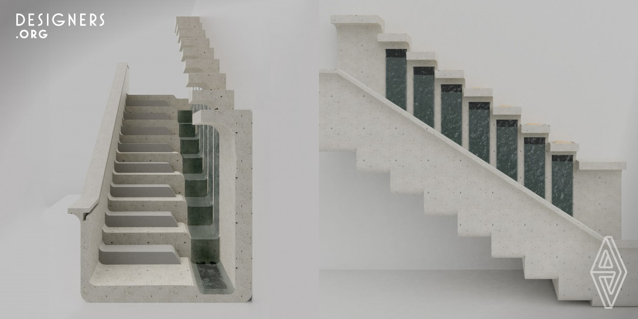 Karst, a modular staircase designed for Governors Island in New York, is like a solutional cave for people to see and hear the flowing water, with a water filtering system that brings the sensation of nature into the house, connecting the community of humans and water. Each module has a pocket for placing a bag of crushed oyster shells. The shells composed of calcium carbonate can react with acid rain to help neutralize acidified ocean by absorbing carbon dioxide. In the end, it is a filter system that can blur the boundary between humans and nature on Governors Island.