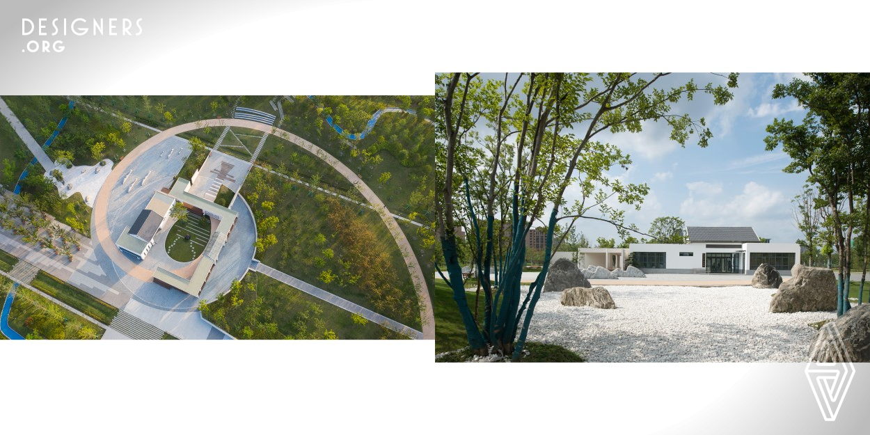 The project is a community park with dual attributes: community service and commemorative green space. Taking Shen Zhaozhou and his music as the theme, it creates ten sceneries, including Maze, Zelkova Path, Malus Spectabilis Path, Musical Fountain Square, Shen Zhaozhou Art Center, Inner Courtyard of Pipa Garden, Zhaozhou Musical Theater, Malus Spectabil is Garden, Chinese Rose Garden and Pipa Sound Wave. With the Art Center placed in the center, the other Chinese-styles courtyards and spaces are orderly organized following Fibonacci spiral and sequence from the south to the north.