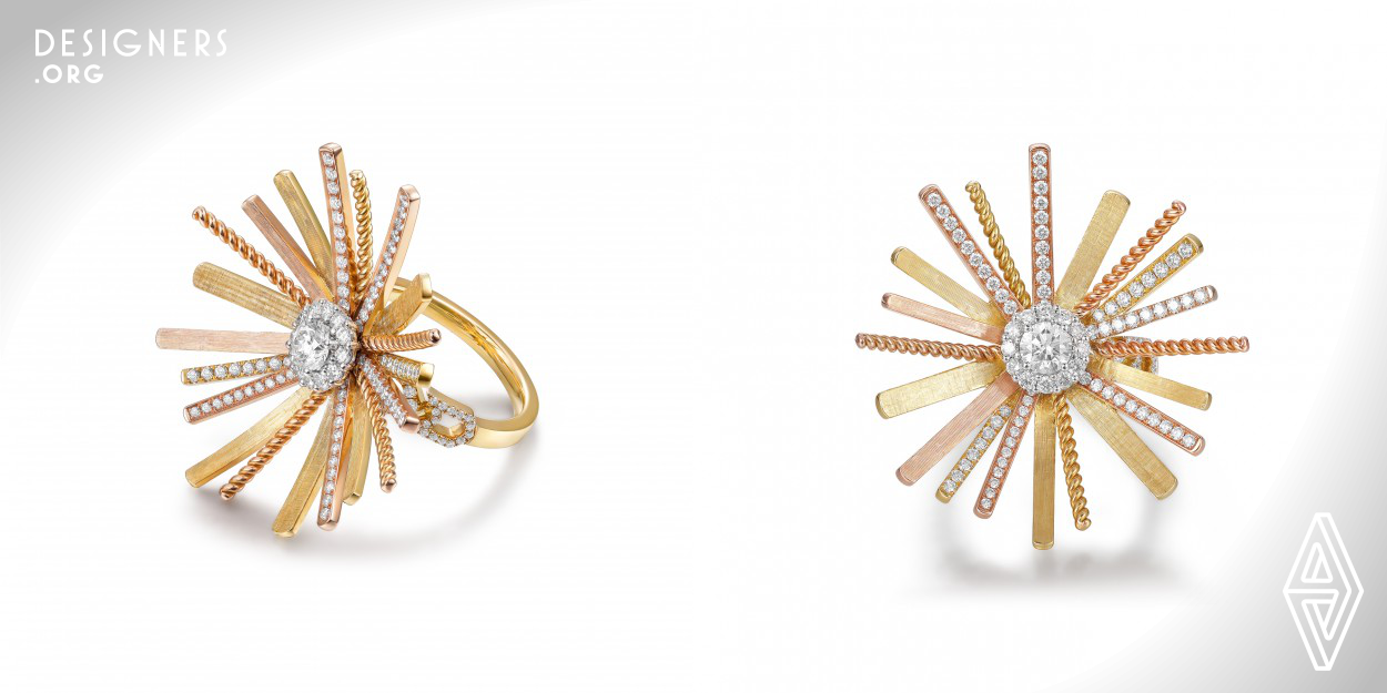 The Dandelion Ring was designed after a thorough and closely observation of dandelion, consisted of a surrounded petals that with different details on it, whether if it's twisted, stoned, or carved with countless fine lines. In the jewelry designer Richard Wu's perspective, dandelion reminds him of the lights and freedom, two things he wants to bring to the wearer through the design at this post covid 19 era.  