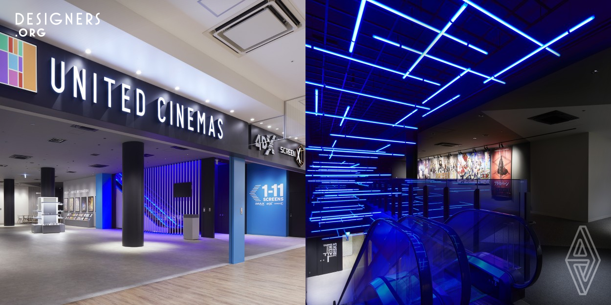 This movie theater has 3 types of special movie format theaters, Imax, 4DX, and ScreenX, and 8 ordinary movie theaters. The Imax is one of the largest screen size in Japan. There have two interior idea that contrasts. One is installed many symbolistic blue liner LED lights that is hanged from ceiling along with the escalator. The other is mono-toned movie dialogue graphics. These two makes contrast of 2D or 3D, and colored or mono- tone. Also this method is Old but materials are new that any range of the age can accept them. Guests can also take photos by such a photogenic place.