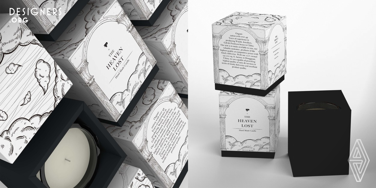 This is a packaging design for a candle. The theme of the candle box is inspired by European mythology. The continuous graphic design on all sides of the box is intended to mimic the look of an ancient architecture, creating an immersive experience for consumers. The hand-drawn and detailed graphic style is suitable for artisanal handcrafted products such as candles.