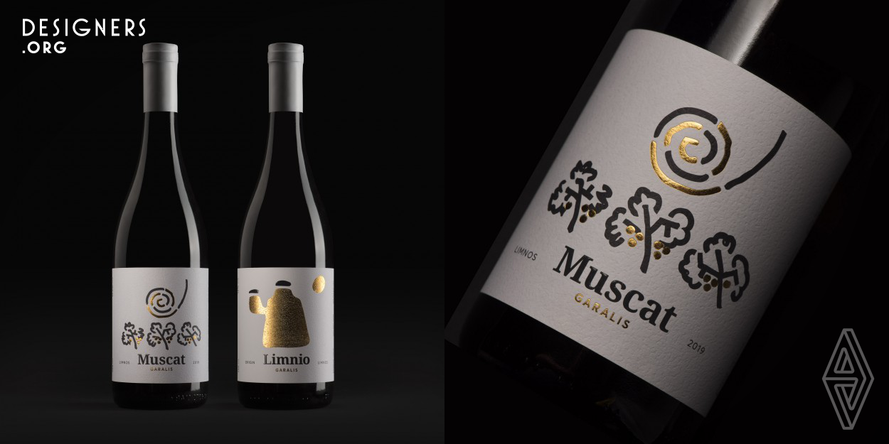 The packaging of these two wines are connected with a common feature, the design style. Although the concept of ​​the illustration is different in each case, the aesthetic is the same. The concept behind the packaging design of Muscat white wine comes from the distinctive features of Lemnos island with its low vines that are lashed by northeasterly gales. The design concept of Limnio red wine was based on the shape of the typical traditional Gouves of Lemnos. These were underground carved out rocks, used by vintners for the fermentation of must, and sealed with round slates. 