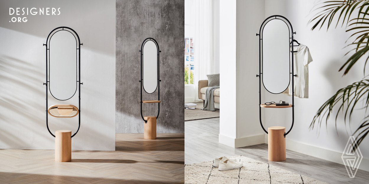 According to people's living habits, based on the principle of less is more, the multifunctional mirror provides people with a one-stop solution, allowing people to easily cope with every day. The appearance is simple, the geometric shape of the hook and the mirror are used as a coat rack with a mirror, the middle is a storage tray, which is adjustable, and the bottom has a mirror that can double as a secondary mirror, and the mirror surface can be adjusted to be flush with the mirror. Or turn it down when trying on shoes.