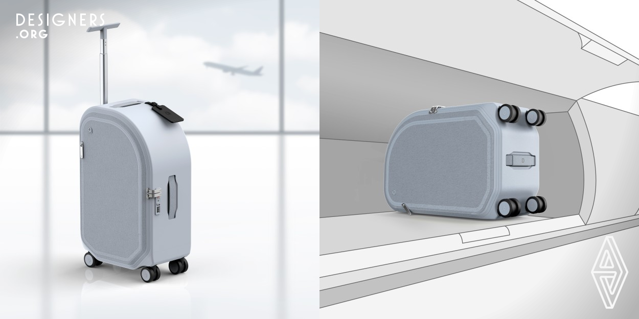 With Arc, a curved edge resembles the inner shape of an airplane overhead bin to fill excess space. To improve maneuverability, the rotatable telescopic handle is placed on the shorter side of the suitcase, along with 360 rotating spinner wheels. Arc also features three pull handles, flush with the casing. The side and bottom handle provides ease of use when lifting or removing from an overhead bin. A water-resistant casing protects the inside from damage, and the padded side pocket creates a safe, easily accessible compartment for a laptop.