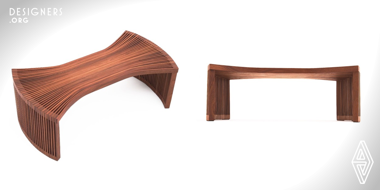 The creation of the Moja Coffee Table uses the technique or process of steam bending to create a bend in the wood pieces. This makes it possible for the design to get these curves that will not be possible otherwise and also gives the Moja Coffee table it's distinct look and brings a different element to the Moja range. Smaller pieces of wood were used to build up the Moja Coffee Table into a functional art piece. Using these techniques by bending every piece of wood individually, creates these natural lines and curves.