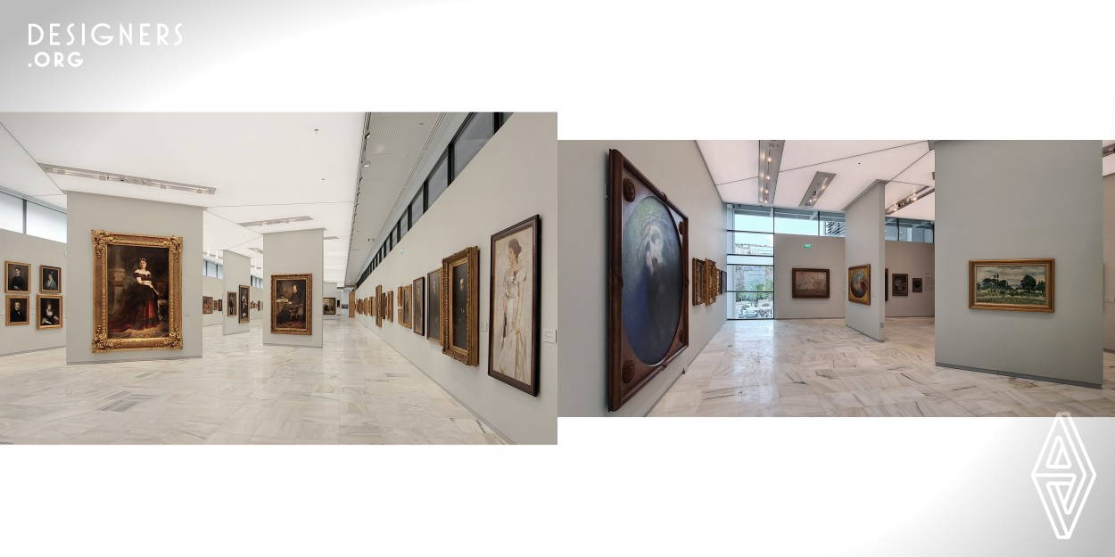 In the 1960's modern building of the National Gallery in Athens, the exhibition rooms are designed like a promenade in open space. The interior is designed as a sequence of wooden lined transitional areas for information, and of white exhibition rooms with specially designed suspended ceilings for each exhibition function. Controlling the directions of gaze, the depth of view in the rooms and towards the city, the general lighting in relevance with the exterior light, and subduing the materials and the technical details to highlight the works of art, the space gives an affect of free choice.