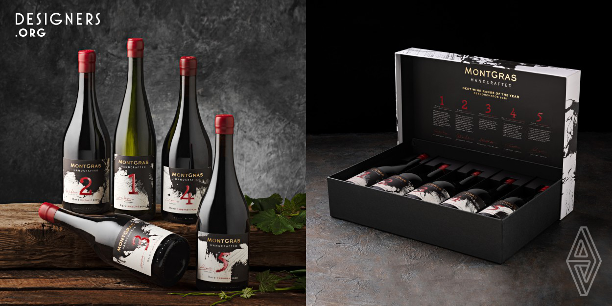 MontGras Handcrafted is an enology based project that pursues the production of distinctive wines made out of rare grape varieties harvested in 2020. Each wine is the product of a unique combination of the particular weather and land conditions of five Chilean valleys and of five different wine makers. This packaging is a creative way of following the particular personality of each wine while expressing the common ideas behind the project.
