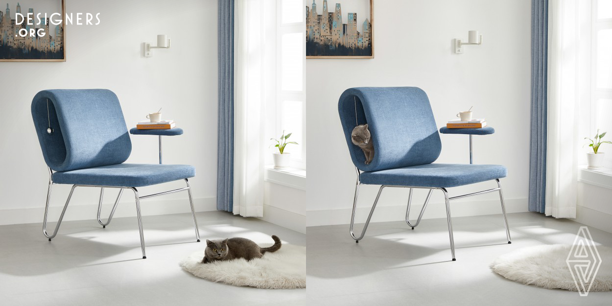 The Sharing Joy is a lounge chair designed for the family with pets. The designer transforms the seats in daily life into a shared space for pets and pet owners. The overall look is constructed through concise elements. Wear resisting sofa cloth goes up in order to satisfy the practicality of the function. Metal legs firmly support the entire chair. Choose natural and soft colors to create a low key furniture style. The sharing joy is a piece of furniture that can serve both the owner and the cat.