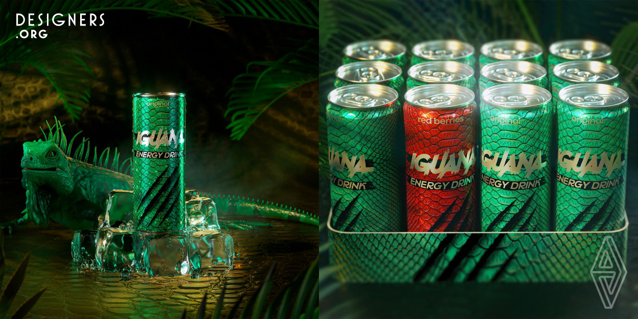 The composition of Iguana Energy is perfectly balanced. All components perfectly complement each other, creating an energy effect. Were offered several options, more simple and concise. But the first option was conceived in the form of leather, Iguana skin. this idea just kind of popped up. The design (background in the form of scales, scratches) and the brand name are intertwined and reinforce each other. It was for even greater manifestation of identity that in the bank it was the power engineer who was asked to make scratches that give a feeling of strength, energy and cheerfulness.
