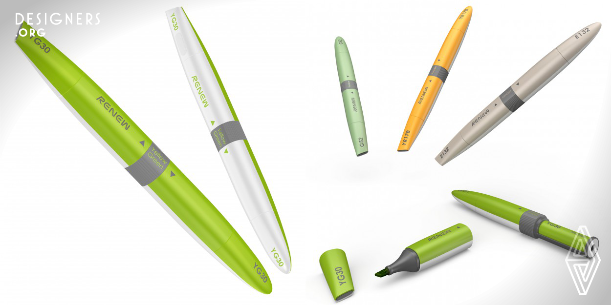 Renew is a marker that users can disassemble it by twisting the pen to quickly replace the refill and reuse it. The nib has a flexible space to ensure full contact with the surface of the paper. In addition, it also features a coloring area to identify true colors. When the pen cap corresponds to the pen holder color, the tilt direction of the pen cap can indicate the tilt direction of the pen tip.