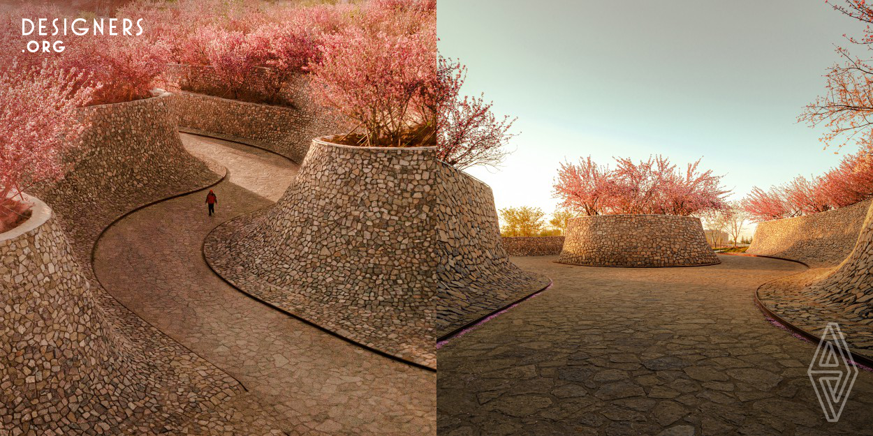 The client proposed to bring a natural but artistic atmosphere to the site. The project respects the original natural mountain atmosphere and the essence of the courtyard. It features three elements: The design of a pure cherry courtyard, elevated in the sky. A base of emerging curved textured walls made from local granite boulders form a strong image and blur the boundary of vertical wall and horizontal path. Winding roads covered in cherry blossom petals complete the impression of the forest valley. 