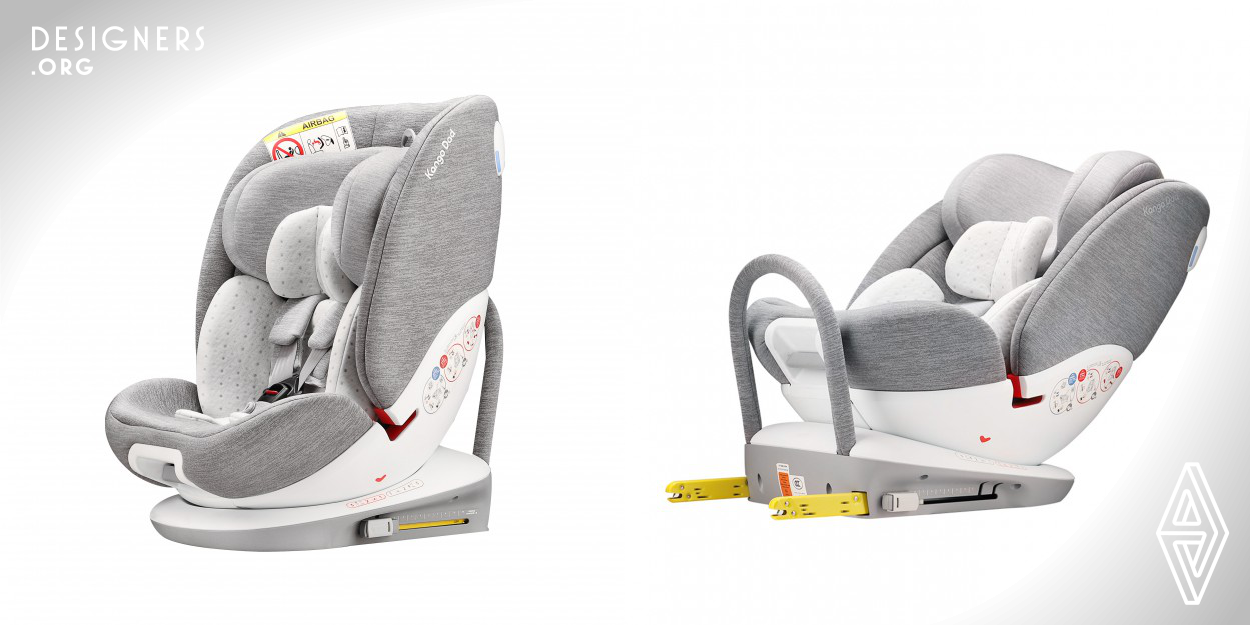 Kango Dad Funtrip V141 is a car seat for children from 40 to 150 cm tall with 3 installation types. 360-degree rotation adjustment is simple and safe for a small baby. The inclination and rotation of the seat can be adjusted with one hand, which is very convenient. Specially cushion is ergonomically designed to hold baby's delicate skin and spine. The double-shell structure effectively reduces the injures during the impact. It has a number of patents and conforms to national and European R129 standards.