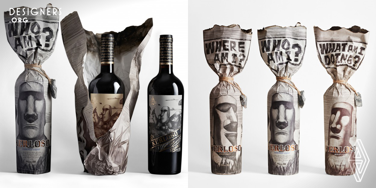 A red wine from Chile, Kerloso comes from the Spanish "mystery of the magical colossus". In the wine label of this wine, it depicts what the navigators saw when they first landed on the island. The wrapping paper of the bottle is made of natural imitation rice paper. The questions raised by the stone statue add a sense of mystery and antiquity. The top of the wrapping paper is formed by flame burning. Each burn mark is unique and symbolizes a lost civilization.