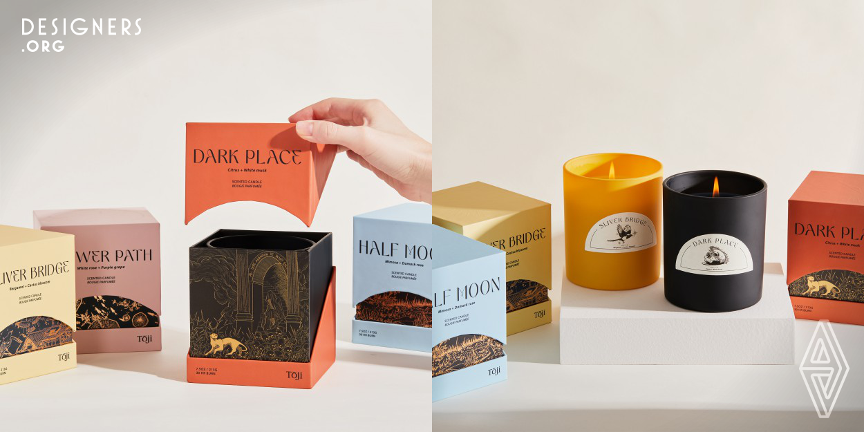 The Toji box was developed for the candles. In order to connect the outside of the box with the illustration inside better, arc cutting was made on the front to increase the visible area inside. The visible part is equivalent to the preview part, presenting the story to the viewer in a more hierarchical way. The frosting process was used to make the box, to make it more quality. According to different stories, the main colors are low saturation blue, pink, yellow and orange-brown, which achieve a higher effect in hand feeling and vision.