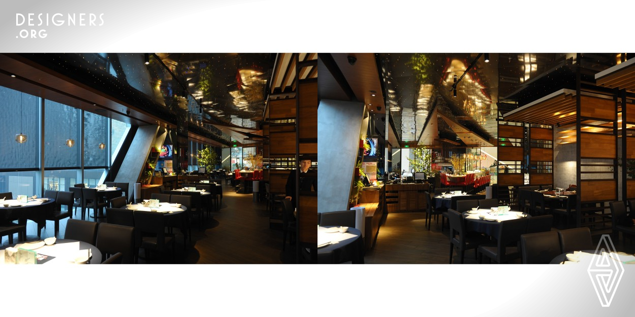 This project is a restaurant that sells Hunan cuisine. The designer shapes the unique atmosphere of the venue through various materials. For example, the red diagonal lights are used to visualize the spiciness of Hunan cuisine. Besides, the designer uses wood and iron parts to decorate the space and combine it with iron sheet material on the ceiling. These three materials are not only used to represent the traditional Chinese style and contemporary style but also symbolize the innovation and essence of Hunan cuisine culture. 