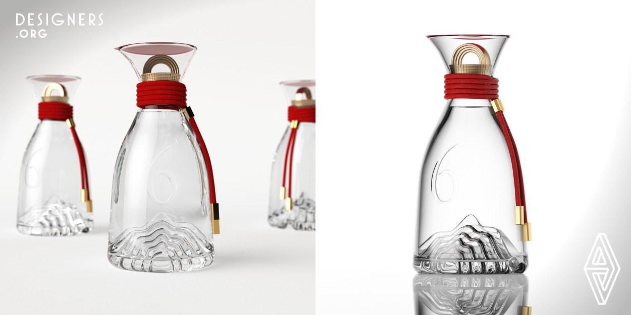 They chose to keep the original shape of the bottle, whose neck is rounded with rope, yet material is changed from porcelain to glass. Drawn in ancient Chinese way, a mountain is carved on the bottom to elaborate visually the concept of cave storage. Chinese Miao Minority has been storing alcohol in that way for a long time. With two emphases highlighted, the bottle is left clean and transparent, with the number 6 embedded.