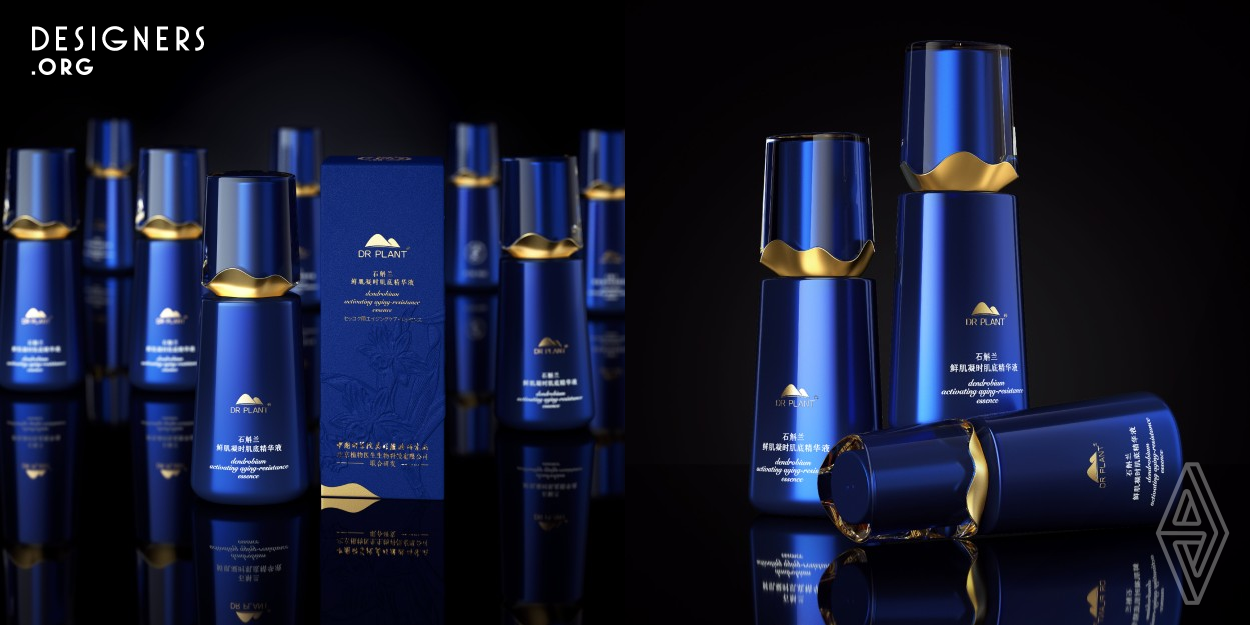 Their design overall presentation of the packages and refine with more detailed feeling. Using the simplest color to strike into one's soul, with bright gold mountain shaped metal fittings. Through the light refraction of the material, it creates a hazy effect, presenting a dreamy blue and gold visual, the whole series gave a vivid and unified appearance.