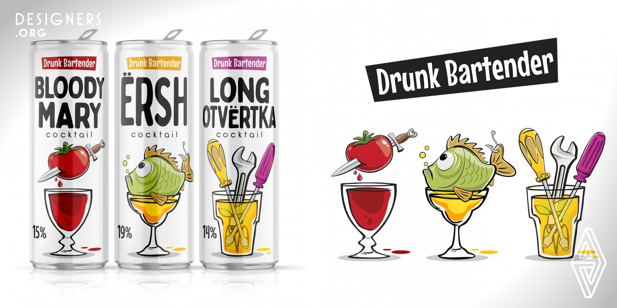 Boring and trivial designs for a classic series of alcoholic beverages that do not attract the consumers' attention was the inspiration to find new modern images for creating the design for classic and conservative alcoholic beverages. The creation of a series of designs for classic alcoholic cocktails in a modern style using graphic elements to make them stand out on the shelf and draw the attention and to show that the classics can also be modern by means of comical graphic illustrations. "Drunk bartender" is a brand for people who appreciate the classic in her modern way. 