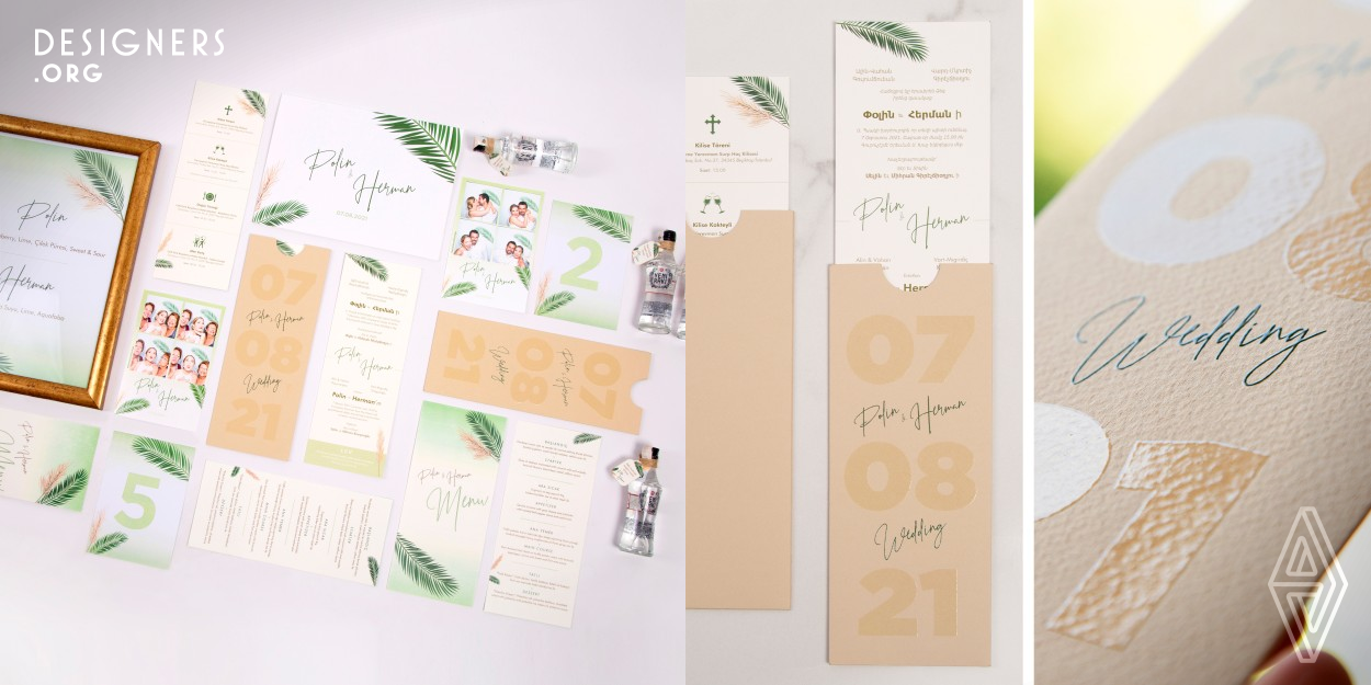 The wedding packet is a personal project for the designer. Within the packet, the physical invitation is the most important piece as it dictates the tone for the rest of the project. The theme for the wedding is big leaves and pampas with a mix of green, beige and white colors. So the wedding packet mimicks this theme in order to be in sync with the decoration. The rest of the items are menus, table numbers, bottle tags, Photobooth designs, signature cocktail frame and photo envelope.