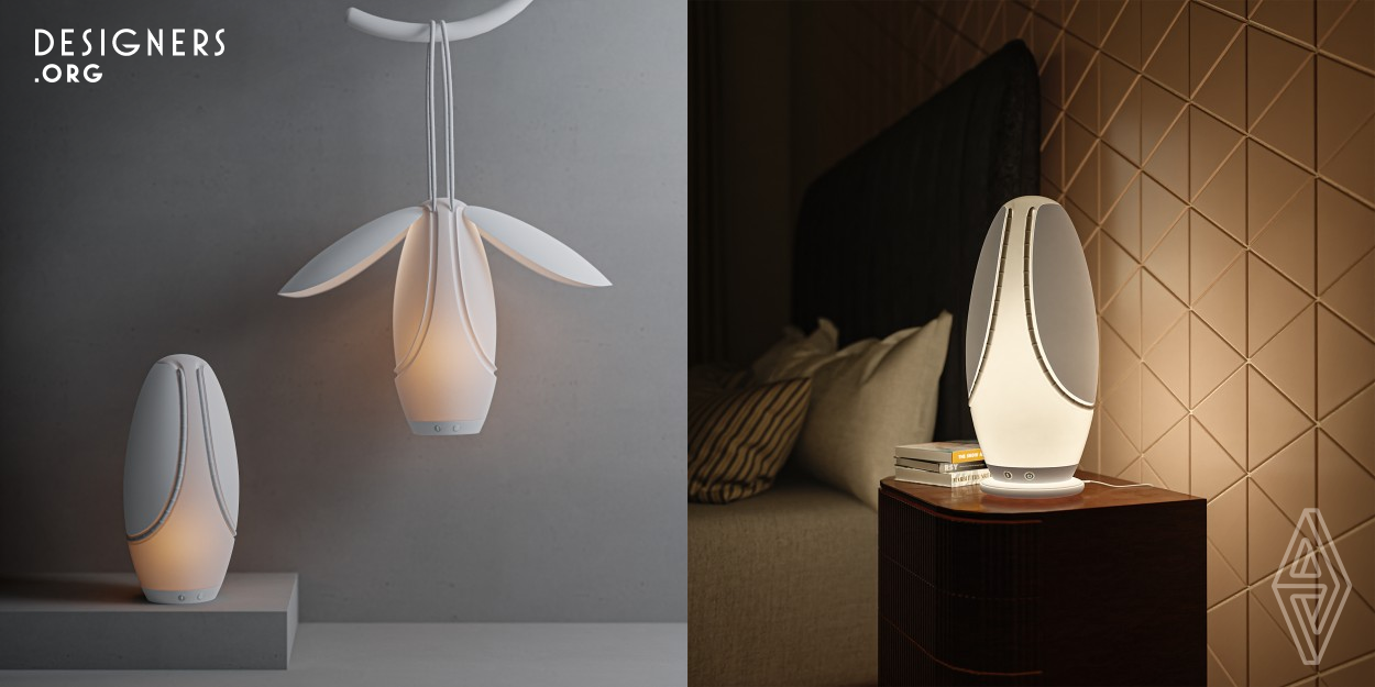 Tara is a multi-functional lamp designed to bring people the joy they lost by creating a deep connection with their indoor and outdoor environment. This is a rechargeable lamp and people can either place it on a table or simply hang it from a spot. In-order to charge the batteries of this lamp, simply put it on its wireless charger. This lamp is the ultimate lighting choice for restaurants and cafes resort deep in forests and beaches since it is wireless. Spreading the wings will provide even more light. They can adjust the light level to save energy or use as a bedside lamp. 