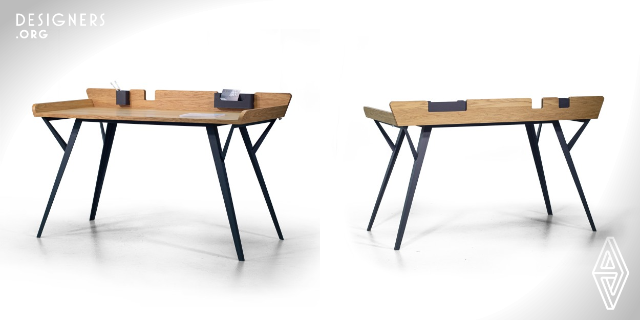 The Diag desk is a piece of furniture both standing by the wall and free-standing. The form of the top, conceived as an element of a non stereotypical form, results from functional conditions elevated edges prevent accidental falling of objects, in addition, the higher rear edge, with cut-outs, is a place that allows user to easily attach optional accessories for small utensils. The top structure is made of veneered block-board, the edges of the top are made of solid wood, and the steel base is covered with textured paint. 