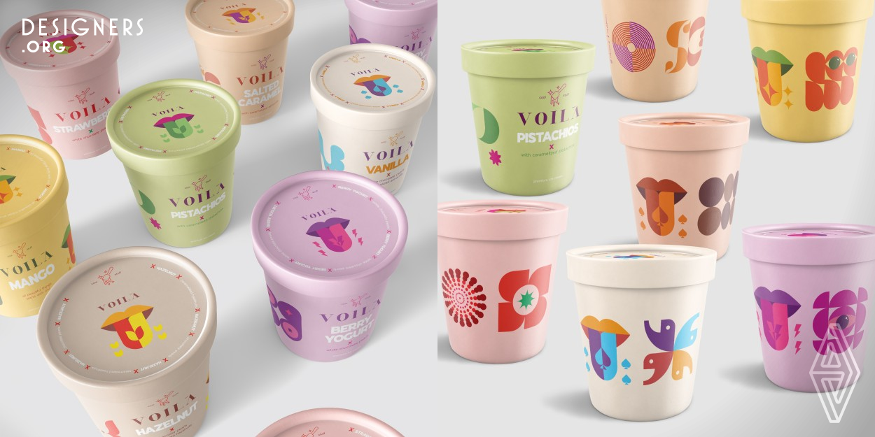 This is a series of packages for 9 ice cream flavor designs, united under one emblematic logo, in which the designer remodels the presentation of ice cream. He created a new theme through which he reimagines the different flavors in the form of symbolic fruits and nectar patterns, original typography, and also relevant fresh colors that accentuate the design elements. The design simply recreates the concept of taste through the tongue icon used in all the range and evokes a different way of sensing it.