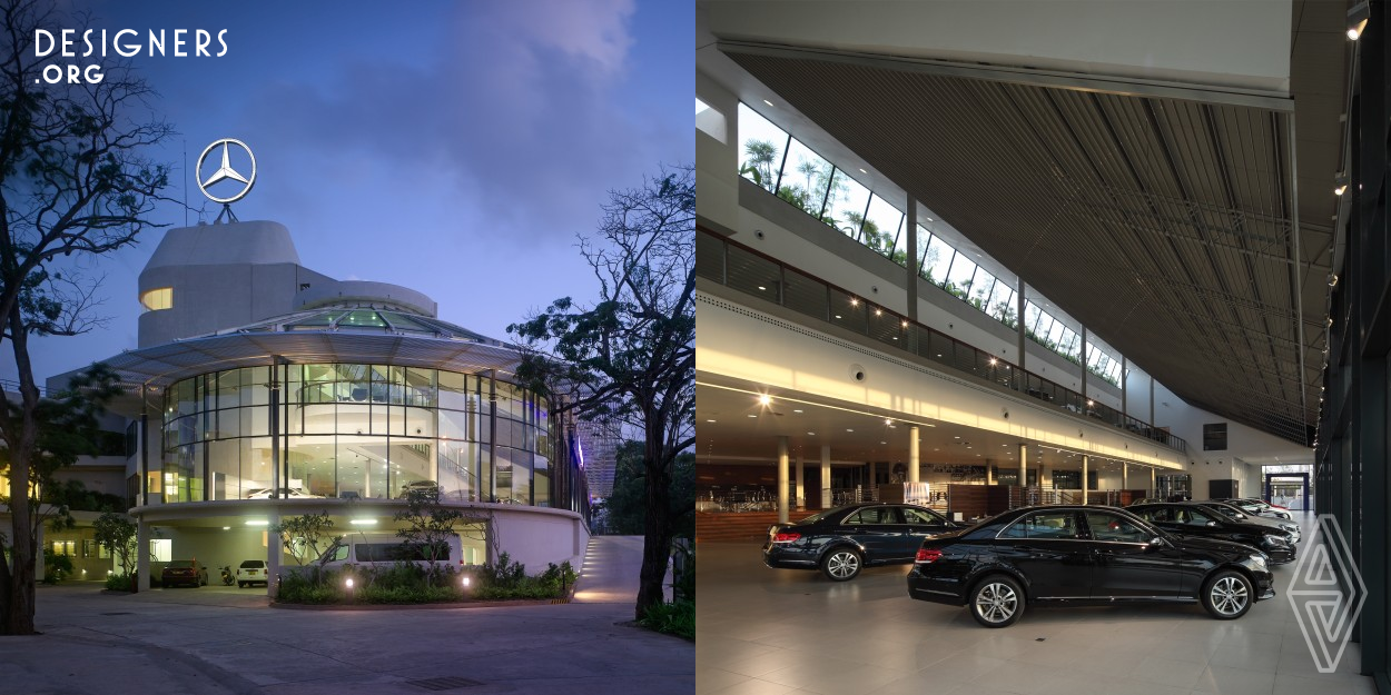 The project was visualized as an experiential interaction between the user and the Mercedes brand. The resulting combination of multi-level green terraces and ramped vehicular access, allows for vehicles to be brought into the important activity spaces, such as the Show Car area, Vintage Museum, and Auditorium, where functions and product launches are held.