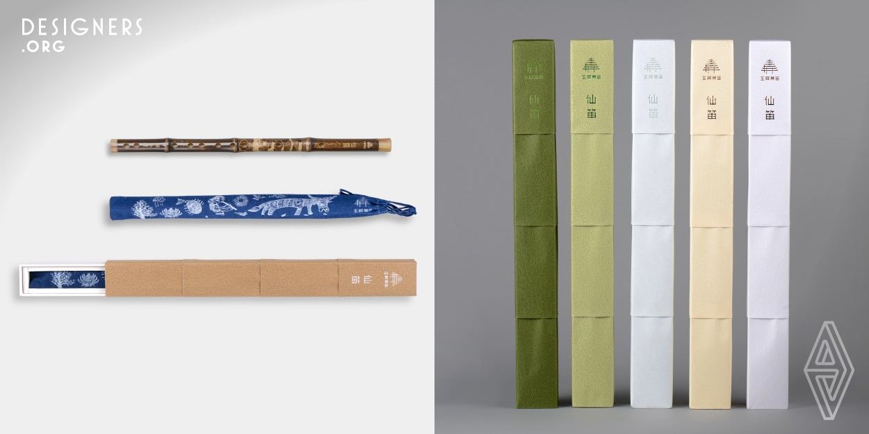 The material of the flute is bamboo, the original material from nature. The packaging design fits the material of the product itself, adopts the shape of bamboo joints, and incorporates the concept of staff to reflect the musical attributes of the product. The packaging paper is made of paper similar in material and texture to bamboo, folded into a bamboo joint shape, reflecting that the flute is a product from nature, an ecological, environmentally friendly, and recyclable product.