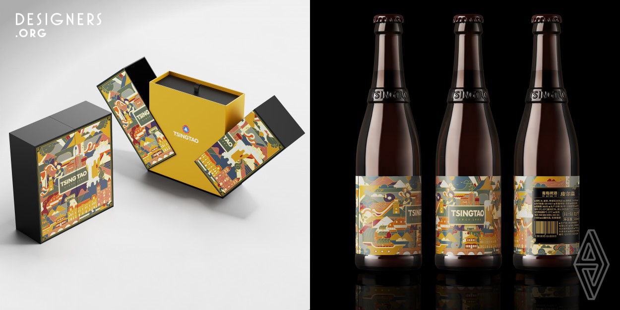 The Tsingtao Beer packaging is designed for the 120th anniversary of its inception. It contains a gift box based on the distinctive architectures of Qingdao and three Tsingtao beers. The basic elements of the illustration include landmark and brand culture, which demonstrate the integration of brand and regional cultures. The outer case is a gift box that can be unfolded to both sides. This is inspired by the blossom of hops, one of the ingredients, thus building a close relationship with the product. When opened, three vintage Pilsner beers is in sight.