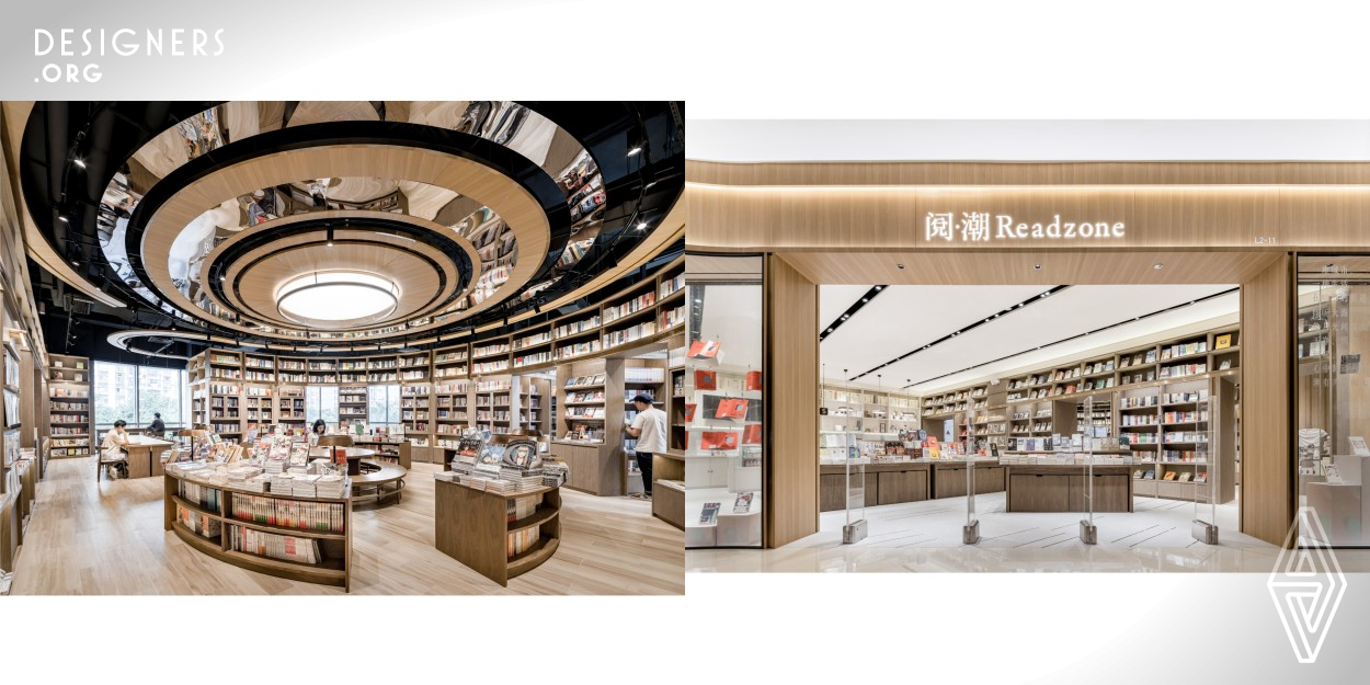 Taicang Readzone Bookstore, which located in Department Store, is in a circular theater form. With the use of circular theater design and towering mazy book walls, readers and books then become the main characters in this place, and through elastic functions among books on display, collect books and seats to fit with different usage scenarios. Book walls and multi-directional door frames, look like concentrated urban street scenes, inviting readers to explore, with brand recognition. 