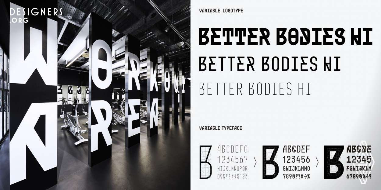 Better Bodies Hi is a workout studio. They needed to create an environment where users after office work could gradually prepare their body and mind towards exercise. Therefore, they designed a typeface that transforms in three stages. As users move from the reception to the workout area, the typeface of the sign gradually changes to a thicker and larger. The typeface gradually guides and encourages the user to work out. They used this typeface in logo, website, and products, to create a brand identity.