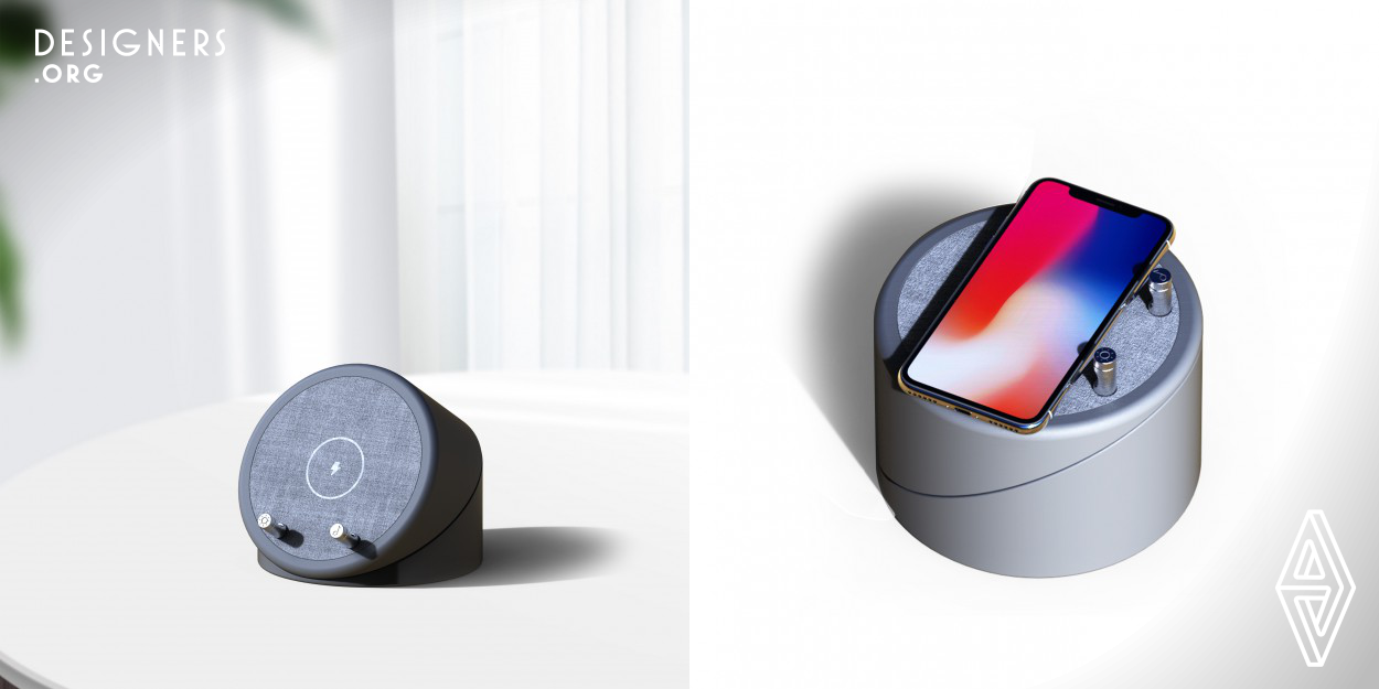 Rotator is a wireless charger and a Bluetooth speaker, that can be rotated as a mobile phone holder. It has two charging methods: one is flat charging, and the other is rotated at an angle of 60 degrees with the ground as a mobile phone stand charging. Two support bars can also be used to adjust the volume of the speaker and the brightness of the phone's screen. 