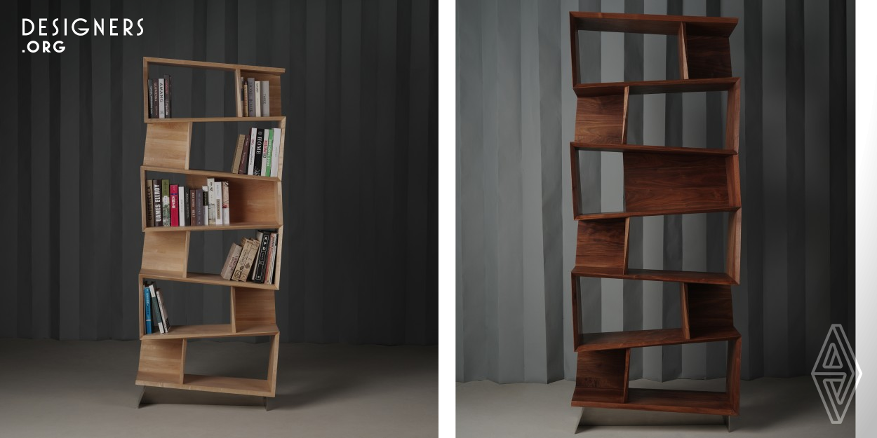 This unique bookshelf looks like a project whose function follows the form, but actually it adheres to the design principle that the form follows the function. The staggered inclined arrangement can better meet the storage needs of books of different heights for a neat order. Special folds tie the elements of the bookshelf together, presenting an origami-like visual effect.