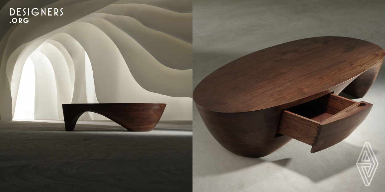 Lake is a coffee table with motion tendency specially designed for the modern home environment. Lending wood a brand new 3D style of a curved surface, this product comfortably balance motion and stillness, and harmoniously integrates aesthetic elements and functions. The visual flow adds an ethereal feeling to modern home space and conveys a chic and vibrant sense to users.