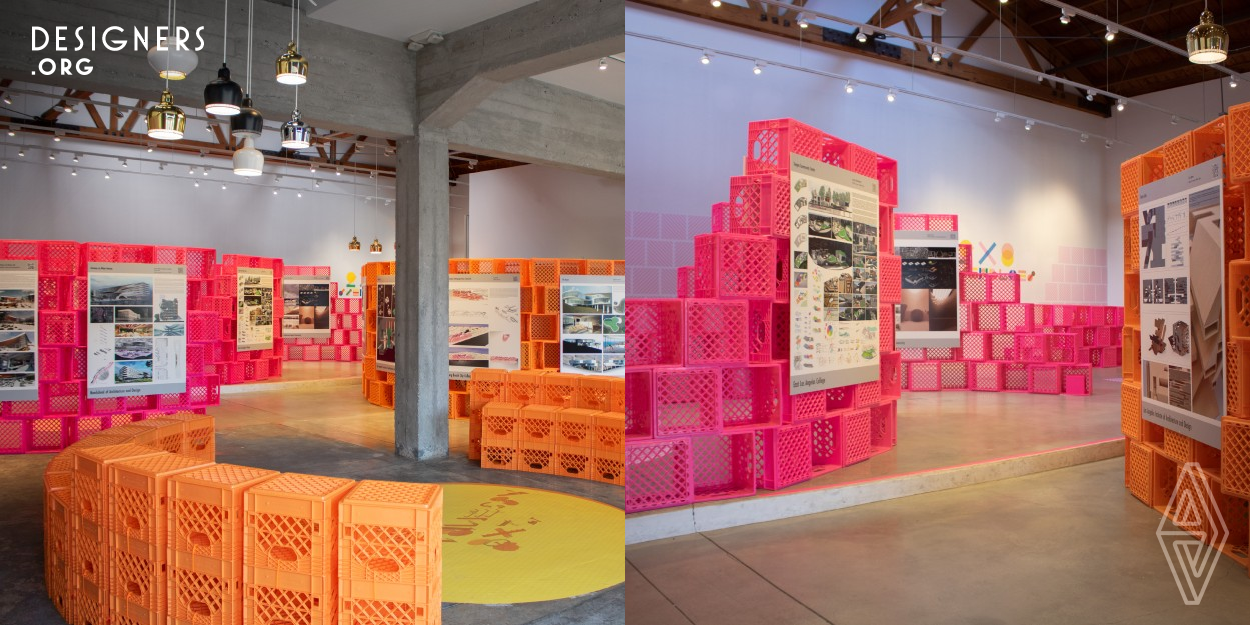 The vision for the exhibition was to exemplify the ability of people to create the extraordinary from the mundane. Showcasing milk crates, which by their nature are utilitarian objects, celebrates this resourcefulness. The bright and unexpected colors further elevate and transform the material and show it in a new way. Each color, orange, yellow, and pink, is located within a different area of the exhibition space. As visitors explore the gallery, a single color dominates the field of view, while other colors peek through. 