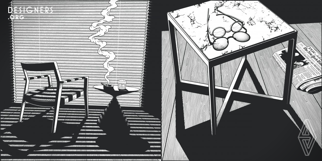 A series of black and white illustrations commissioned by Marc Krusin and featuring his most prominent furniture designs for Knoll and Desalto. Inspired by comics and noir cinema, the project breaks the conventions of furniture illustration by bringing narrative to the scenes, use of exaggerated perspective and a moody noir aesthetic. The lack of human presence and scattered objects add an element of mystery and suspense to the story, while the protagonist is revealed in a surprise ending. All images were drawn digitally in Adobe Photoshop using Wacom Cintiq tablet.