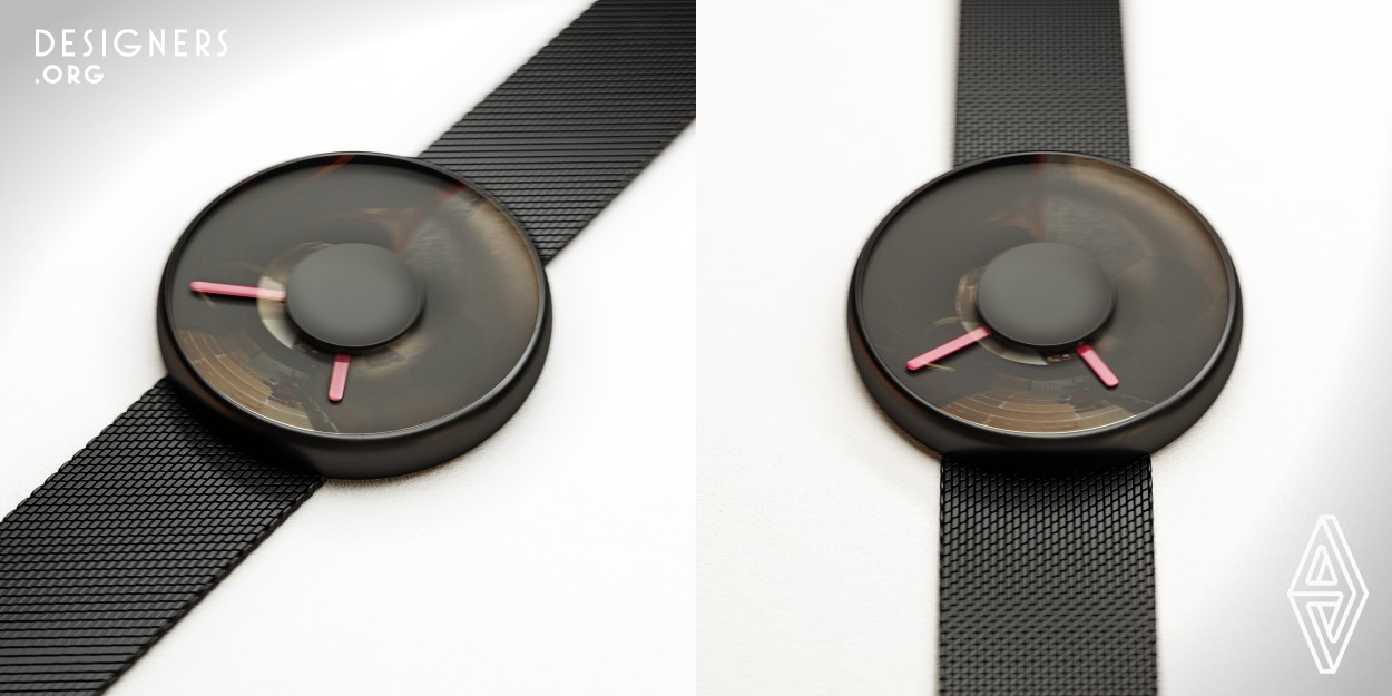 This minimal clock uses the simple movement of the hands to indicate time. The most important feature of this watch is its simple and attractive form as well as how to adjust its hands. Normally on most watches, the hands are adjustable with a button on the side of the body. But in this design, the time adjustment button is located in the middle of the body and on the hands.