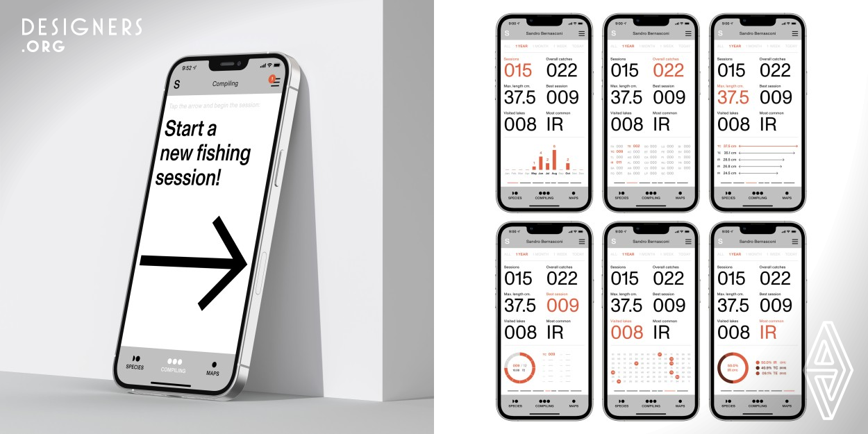 Catch tracking app features an interface that echoes the international typographic style (more commonly known as Swiss Style). By stripping away the embellishments, Catch tracking eliminates distractions for the fisherman and allows the information-heavy design to be read and studied rather than merely seen and admired. The result is a functional evolution from the existing paper booklet to a digital transposition offering a clear, simple and up-to-date tool for a conscious fishing activity.