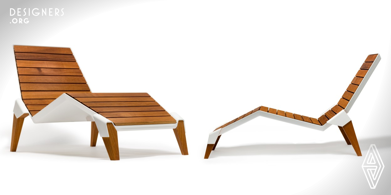 The Arms Lounger was inspired by watching people relaxing on the beach. The angled back legs relate to a human form reminiscent of a person sitting on the ground leaning back with their weight on their arms. The mood at the beach is energetic yet relaxed and social and the form of the Arms Lounger reflects those characteristics. The bent legs and upright back creates a chair that fits in smaller spaces while the upright position promotes interaction with others. The use of powder coated aluminum sheet metal and teak provide ample protection to the elements in an outdoor environment.