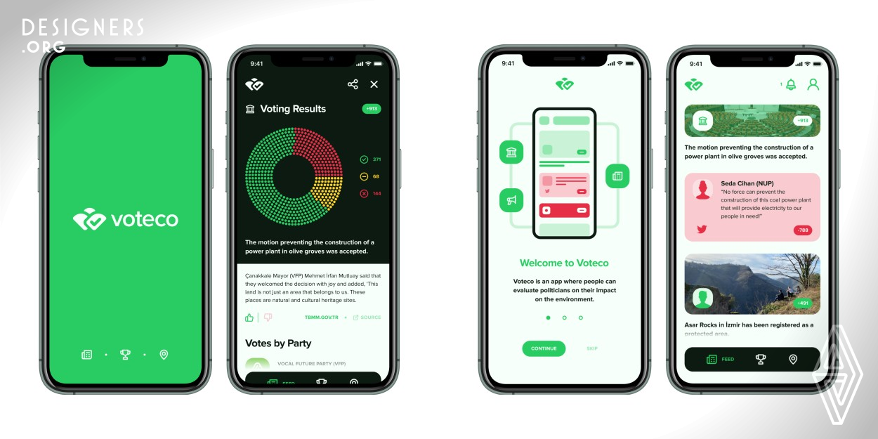 Voteco is an app where people can evaluate politicians on their environmental impact. Users can review and vote on politicians' responses to current environmental events. These votes are reflected in the politicians' environment scores, which in turn affects the overall score of the party. The environment score used throughout the application is a unit that allows users to have a general idea about the politician and the party without the need for long research.