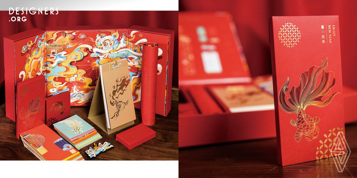 This gift box packaging is specially designed for the Chinese New Year. Its outer packaging is mainly red, aiming to echo the festive and jolly air of New Year. The way it opens simulates the structure of a traditional Chinese double door. After unfolding, an illustration with a meaning of auspiciousness integrating the New Year elements of dancing lions, flying fairies and lanterns will come into sight. It was inspired by dancing lions, a folk tradition of dancing art as well as a traditional custom of New Year in Canton, China, which means to expel evil influences and invoke blessings. 