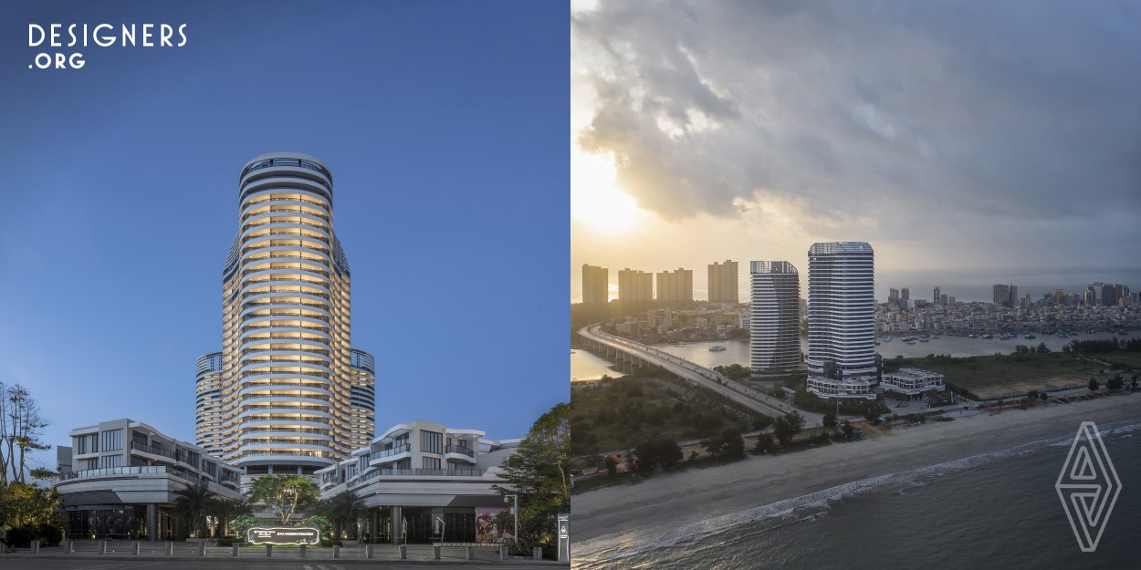 The project site is situated in Shuangyue Bay, where natural landscape with two crescent-moon-like beaches and beautiful sea view are found. Contradict to the organic growth pattern of the nearby fishing village, the simple form and tall volume has made the hotel an eye-catching identity in the district. With infinity pools, restaurants, entertainment, and so on, the hotel offers lots of activities for visitors to spend their time. Moreover, outdoor sports activities and the discovery of the fishing village culture will be impressive for visitors as well.