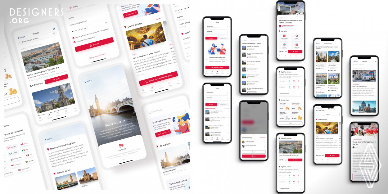 This is a one-stop platform and trusted guide for the entire student journey. The mobile design was developed for the service that allows to search for universities, colleges, scholarships, and study programs; provides details on admission criteria, as well as continuous counselor's assistance throughout the entire application process. User-friendly design allows applicants to browse for the required study programs, learn all the requirements, submit an application, and receive a counselor's help via mobile and tablet applications for iOS and Android platforms for students.