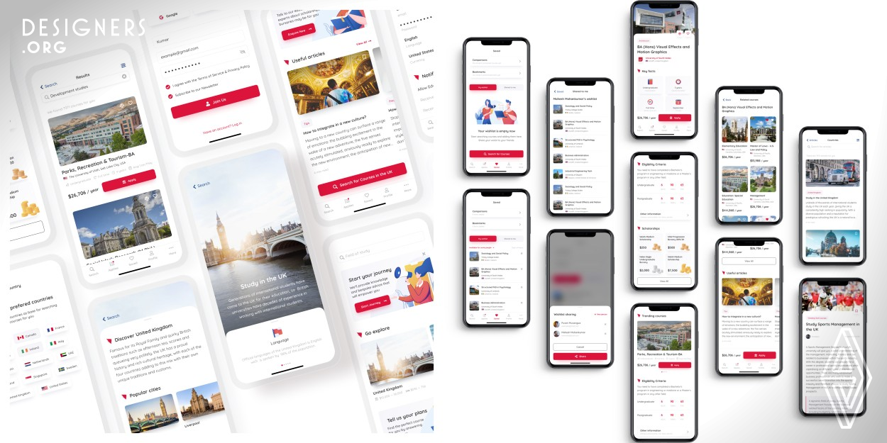 This is a one-stop platform and trusted guide for the entire student journey. The mobile design was developed for the service that allows to search for universities, colleges, scholarships, and study programs; provides details on admission criteria, as well as continuous counselor's assistance throughout the entire application process. User-friendly design allows applicants to browse for the required study programs, learn all the requirements, submit an application, and receive a counselor's help via mobile and tablet applications for iOS and Android platforms for students.