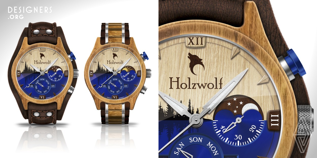 Holzwolf is a men's wristwatch made with natural wood from sustainable forestry and recycled materials such as steel. Its differential is the visual based on the landscapes of Europe showing its essence, aggressiveness and elegance. The steel blue semicircle of the face reflects the beautiful and deep European lakes surrounded by stylish pines. Project developed exclusively for people who like to be in constant contact with nature. This concept aims to inspire a new generation of traditional handcrafted products and ecologically sustainable design.