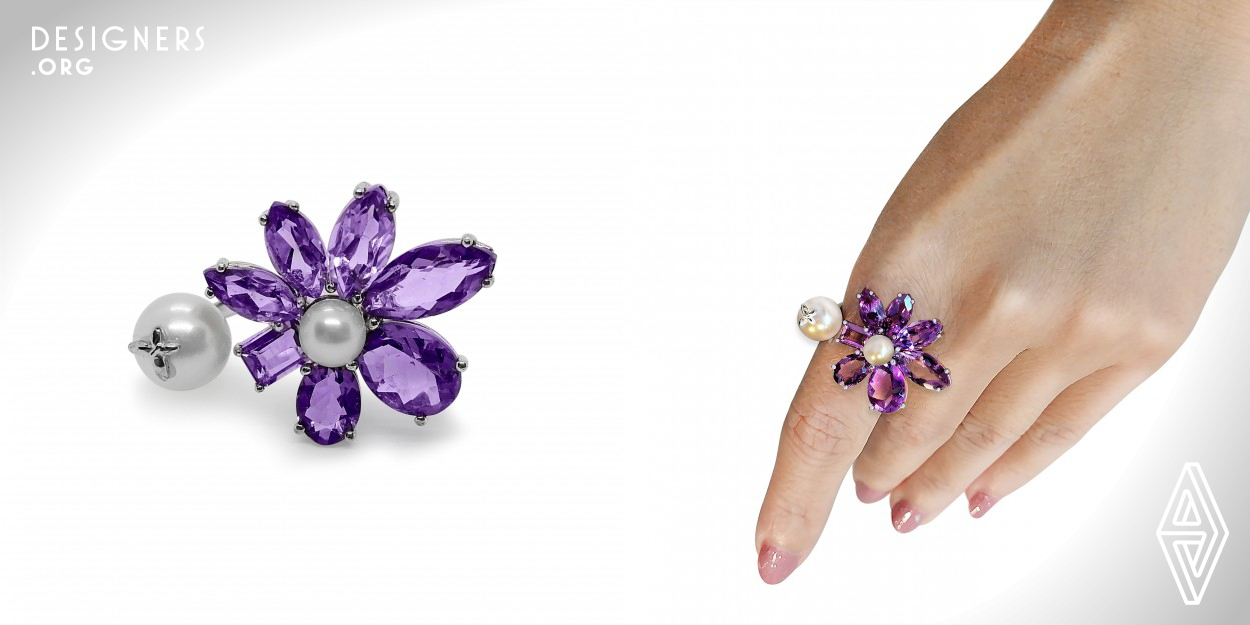 This project created from a sense of an Orchid garden. The overall design looks refreshing, vibrant and lively. It is an adjustable size ring with various shapes of Amethyst in the flower petals. The combination of colors is contrast yet attractive with purple and off-white. It consists of duo gems, Amethyst and Pearl and another Pearl with a little butterfly on it. When you wear it on, it looks like a flower and bud floating in between two fingers which contain nature feeling and momentum of movement. 