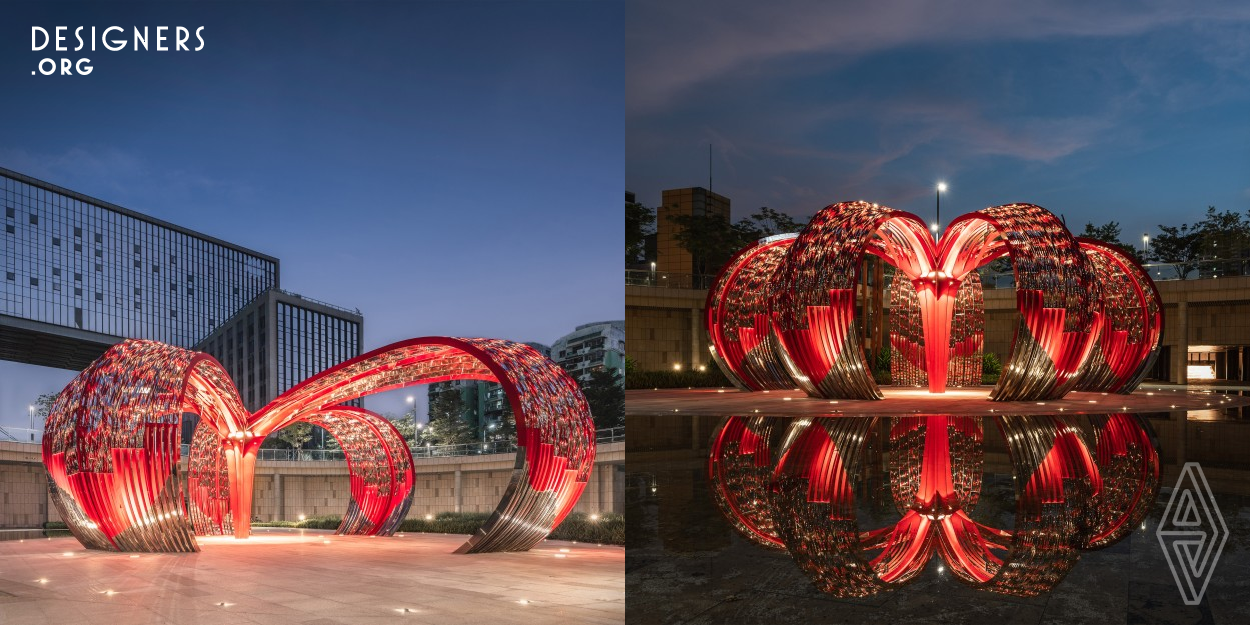 Flaming Bloom is at the center of a sunken garden park. As an artistic resting gazebo to shield pedestrians from the intense sunlight. The Shape of flower is as a symbol. The twisted unit pieces and their painted like the feather of the wings. As the twisted mirrors reflect the scenery in three dimensions from the curved surfaces, the eco-dome made up of curved units mirrors.The illusion as visitors move and travel through it. 